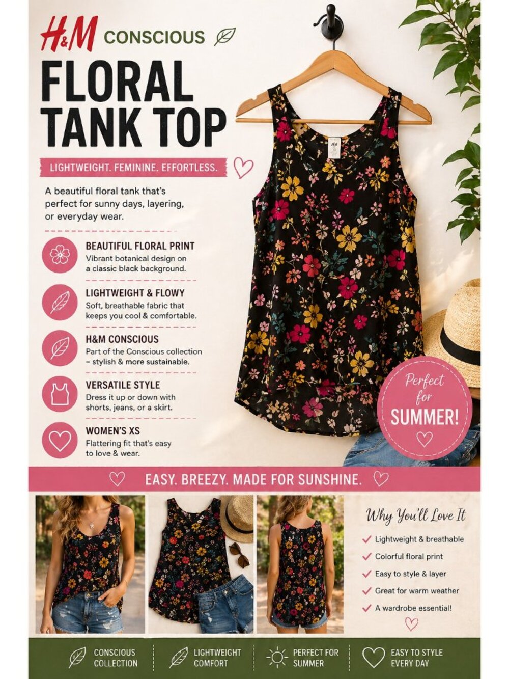 H&M Conscious Floral Tank Top Womens XS Black Botanical Sleeveless Blouse Summer